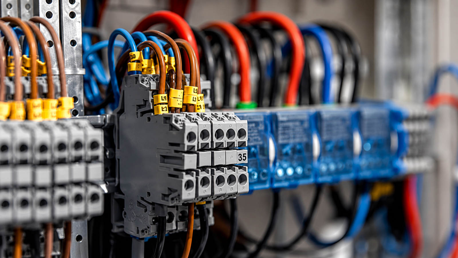 Eletricista realizando manutenção em painel elétrico com equipamento de segurança